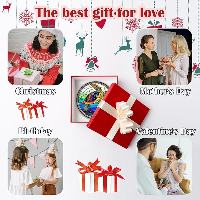 Stained Glass Window Hanging, Colored Turtle Ocean Suncatcher Diamond Glass Panel Hangings Marine Life Sun Catchers Decor for Birthday for Women, Men, Wife, Aunt, Mom 11.8 in