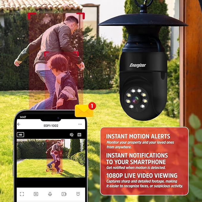 Energizer Connect Smart 1080p HD Outdoor Security Socket Camera with Siren Alarm, Remote Access, Motion Alerts, 2 Way Audio and Night Vision, 2.4GHz Wi-Fi, Black