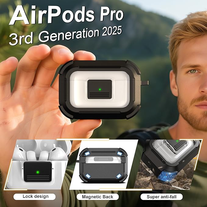 RFUNGUANGO for AirPods Pro 3 Case, Compatible with AirPods Pro 3 Generation Case (2025), Compatible with MagSafe, Magnetic Automatic Lock with Cleaner Kit and Keychain, Front LED Visible, Black