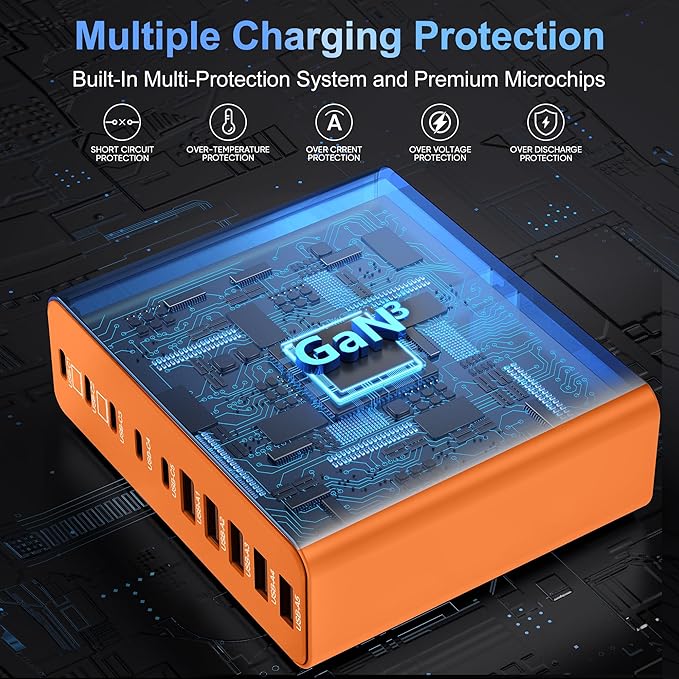 420W USB C Charger Block,10-Port Charging Station GaN Fast Charging Type C & USB A Wall Charger Adapter for MacBook Pro/Air,iPhone,iPad,Dell XPS,Samsung Galaxy(Orange)