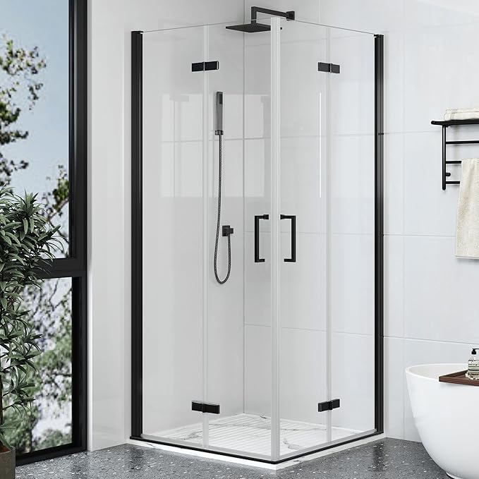 Corner Shower Enclosure Kit 34" D ×34" W × 72" H, Stand Up Shower Stall Kit with 1/4" Clear Corner Shower Glass Door, Bi-Fold Tempere Frameless Glass, Matte Black, Base Not Included