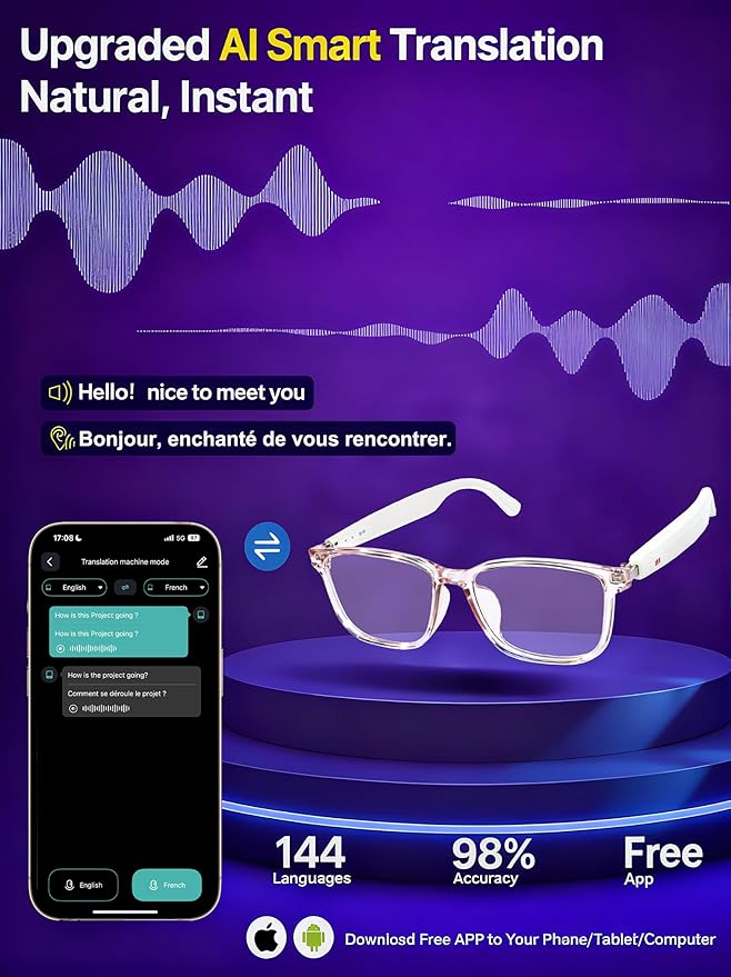 AI Smart Wireless Bluetooth Translation Glasses for Men/Women with Speakers/Bluetooth&140+ Languages Translation Sports/Travel/Drive/Busniess (G3+AI+Color Change Lenses+Pink)