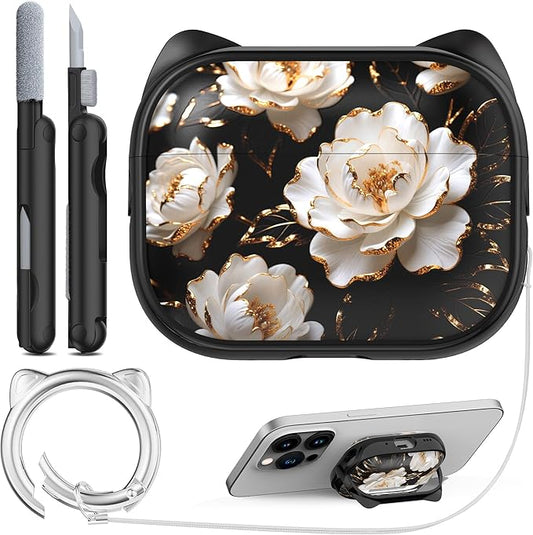 RFUNGUANGO is Compatible with AirPods Pro 3 Protective case, with Mobile Phone Holder Function, Multiple Colors Available, Suitable for AirPods Pro 3 Protective case,Black + Peonies