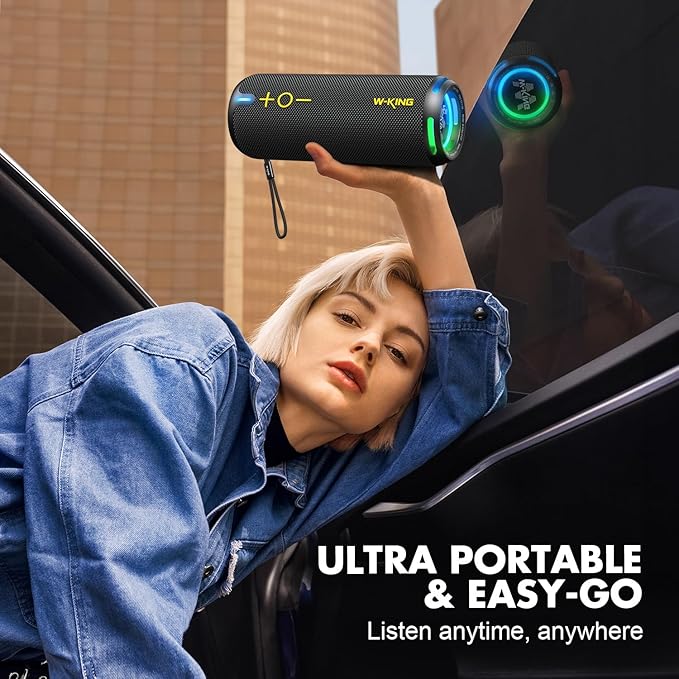 W-KING D320 40W Bluetooth Speaker, IPX7 Waterproof Portable Speaker with Dual Voice Coil, Customized EQ APP, 360 Sound, Party Lights, V5.3, TF/AUX, Black