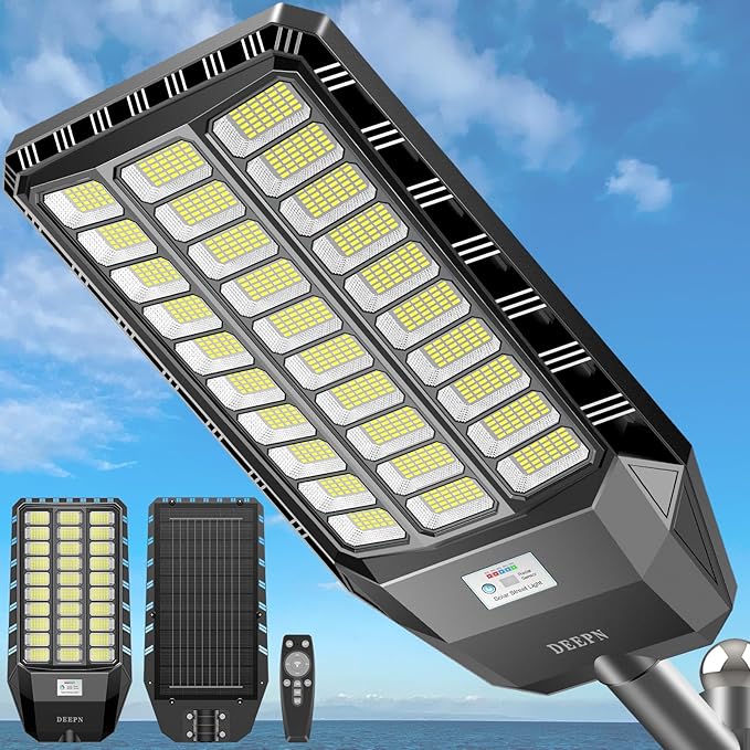 Deepn Solar Street Light, Commercial Grade Solar Lights Outdoor IP67 Waterproof, 8700W LED Flood Security Lights Motion Sensor & Dusk to Dawn Outdoor Lighting for Parking Lots, Streets & Yard, 1 Pack