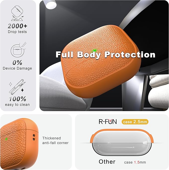R-fun for Airpods 4 Case, Soft TPU (Leather-Like Design) Drop Protection Cover for Men and Women with Lanyard and Cleaner Kit, Compatible with Apple Latest Airpods 4th Gen(USB-C)(2024)-Orange