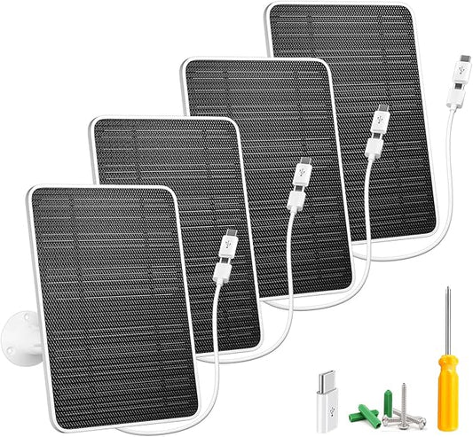 Solar Panel for Security Camera, 5W USB Solar Panel for DC 5V Security Camera, Micro USB & USB-C Port Solar Panel, IP65 Waterproof Solar Charger for Camera,360° Adjustable Mounting 13ft Cable, 4 Pack