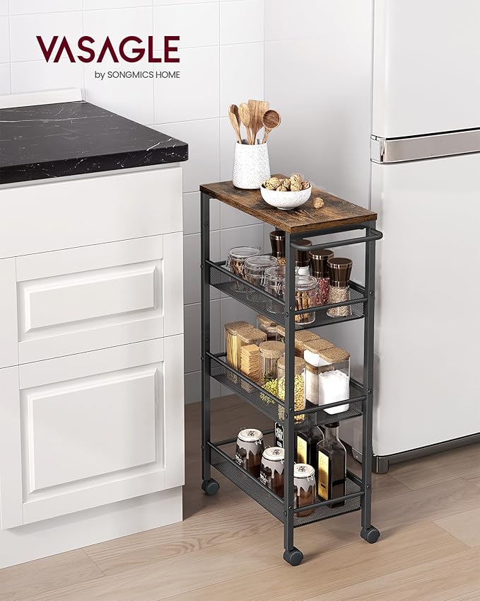 VASAGLE Slim Rolling Cart, 4-Tier Storage Cart, Narrow Cart with Handle, 8.7 Inches Deep, Metal Frame, for Kitchen, Dining Room, Living Room, Home Office, Rustic Brown and Classic Black ULRC033B01