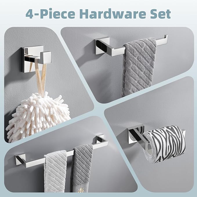 Bathroom Hardware Set 4-Piece, Angle Simple SUS304 Stainless Steel Bath Accessory Kit, Bathroom Fixture Set with Robe Hook, Toilet Paper Holder, Towel Holder and Towel Bar Polished Chrome