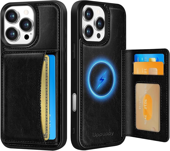 for iPhone 16 Pro Case with Wallet - Fits 4 Card Slots, Compatible with MagSafe for Women Aesthetic Durable PU Leather Credit Card Holder Kickstand Phone Cover for Apple 16 Pro, Black