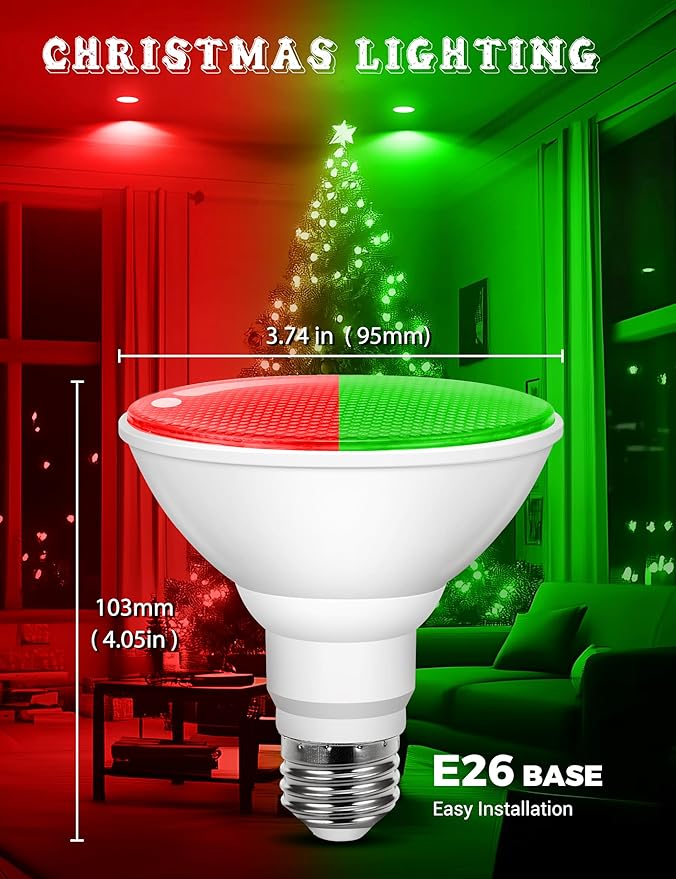 JandCase Red and Green Christmas Light Bulbs Outdoor, LED PAR30 Flood Lights 12W(100W Equivalent), E26 Colored Light Bulbs for Porch Lighting, Party Decor, Courtyard, Not-Dimmable, 2 Pack
