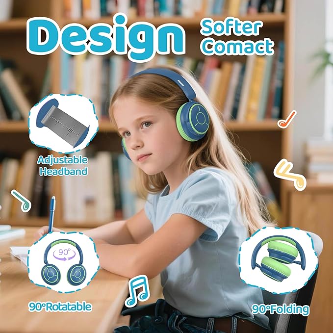 MIDOLA Kids Headphones Bluetooth 5.4 Wireless Volume Limited 85/94dB Hearing Protection Over Ear 68 Hours Playtime Foldable Lightweight Headset Built-in Mic for Toddler Child Travel School Green Blue