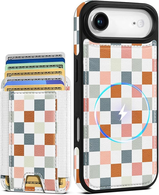 Shorogyt for iPhone Air Wallet Case - Fits 5 Cards, Compatible with Magsafe Detachable Magnetic Credit Card Holder Leather Cardholder Cute Phone Cover Women Girls for Apple 17 Air, Checkered