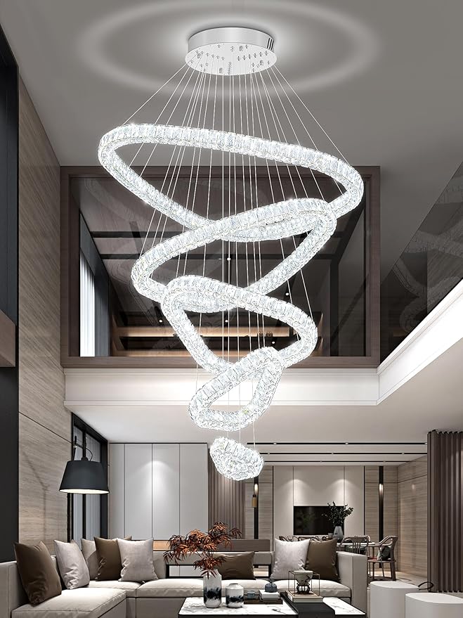 Flashing God H118 Modern Large Chandelier for Foyer 5 Rings Crystal Chandelier Stairway Chandeliers LED Dimmable Crystal Pendant Light for Living Room Entrance Hallway Sliver ﻿