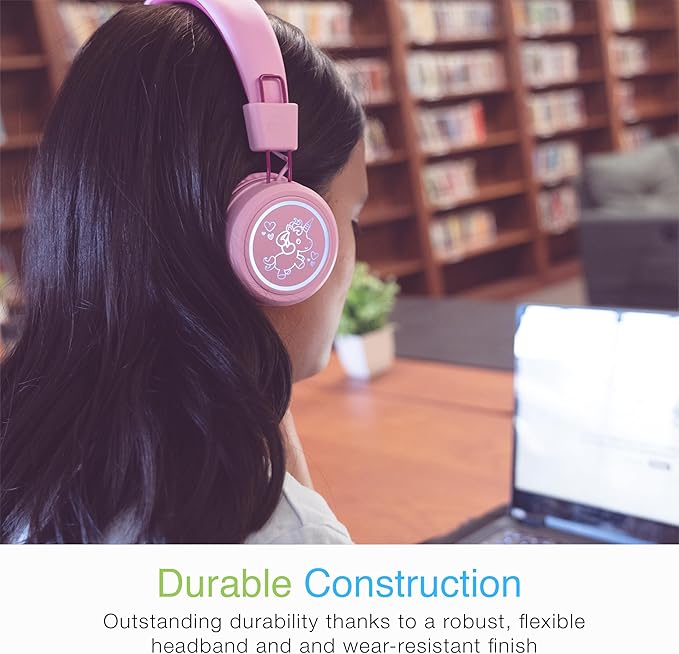 MEE Audio KidJamz KJ55BT Bluetooth Wireless Safe Listening Headphones for Children with LED Lights, 85dB Volume Limiter, Microphone, & 40h Battery; Kids Headset for School/iPhone/iPad/Tablet (Pink)