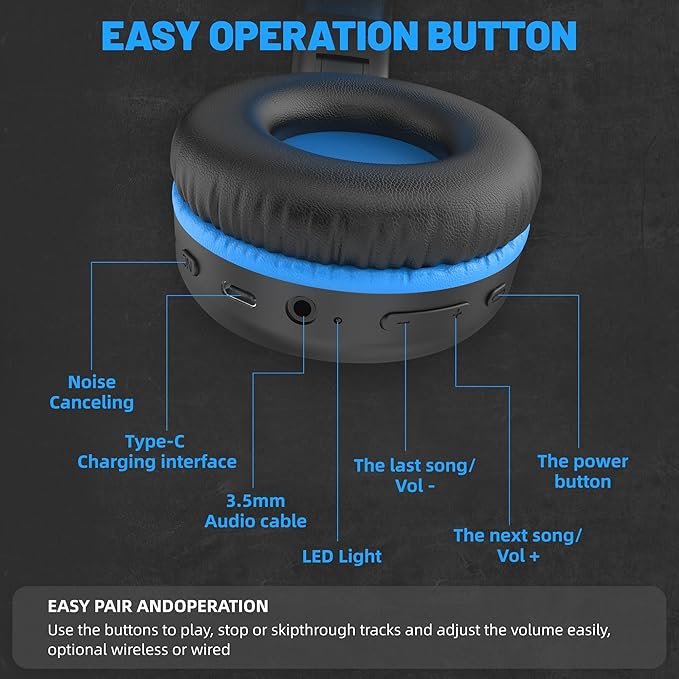 U2B Active Noise Canceling Wired & Wireless Bluetooth 6.0 Headphones with Microphone, Foldable Lightweight Head Phones with Volume Control‌ for Kids Adult School Black Blue