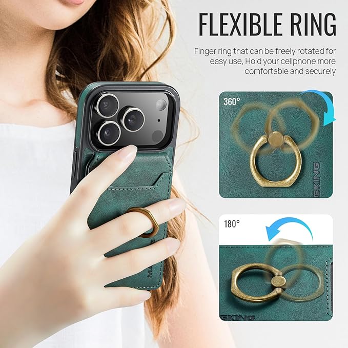 Wallet Case for iPhone 17 Pro, 2 in 1 Strong Magnetic Detachable, Shockproof Phone Case Compatible with MagSafe, Slim Leather Wallet RFID Blocking 5-Card Holder Ring Grip Stand (Green)