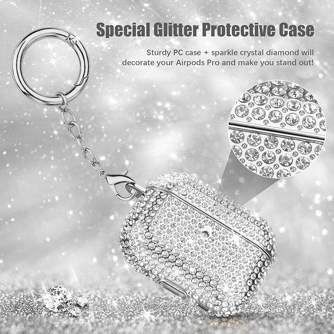 Case for AirPods Pro 2nd Generation, Filoto Cute AirPod Pro 2 Protective Case Cover for Women Girls, Bling Crystal PC Apple Air Pods Pro Cases Accessories with Lobster Clasp Keychain, Silver