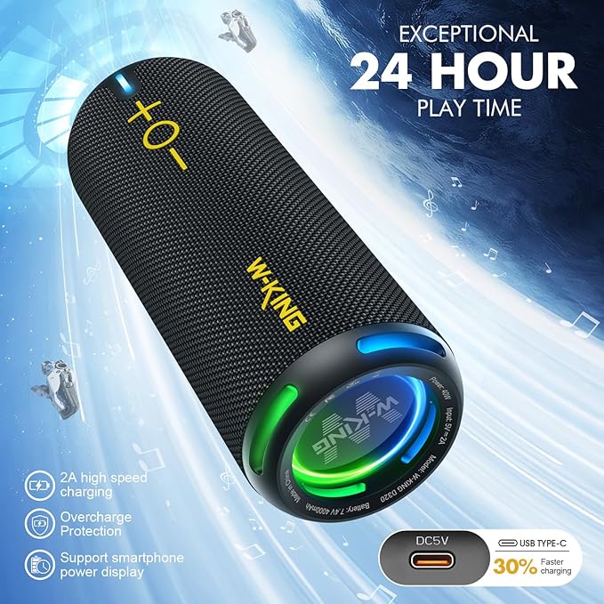 W-KING D320 40W Bluetooth Speaker, IPX7 Waterproof Portable Speaker with Dual Voice Coil, Customized EQ APP, 360 Sound, Party Lights, V5.3, TF/AUX, Black