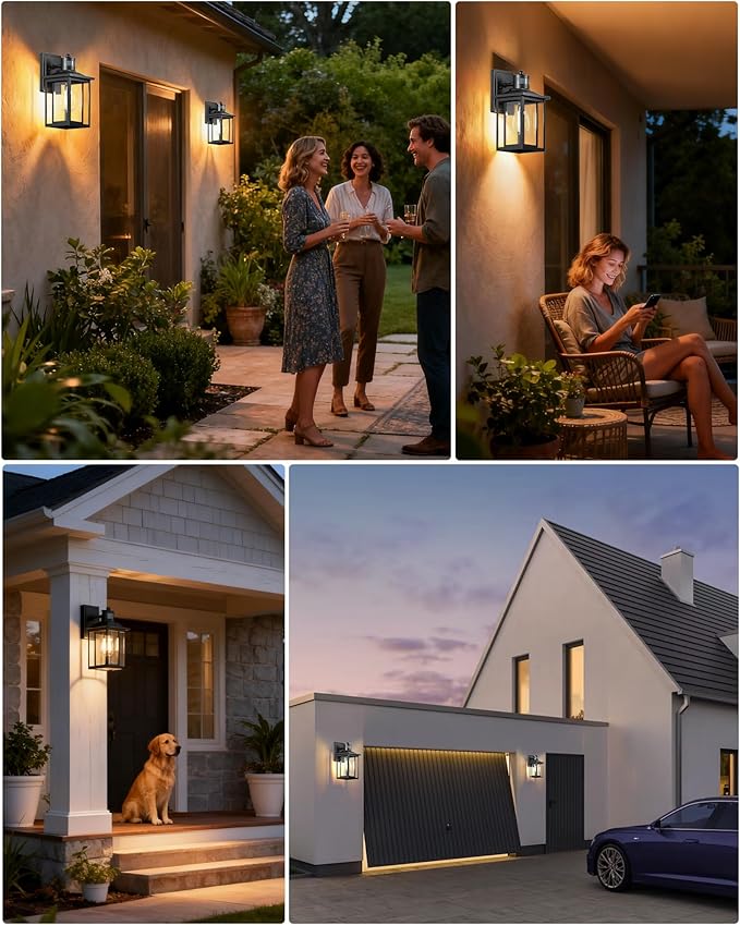 Motion Sensor Dusk to Dawn Outdoor Light, 4-Modes Adjustable Black Exterior Lighting Fixture, Waterproof Outside Wall Mount Lantern for Home, Entry, Backyard, Patio, 120V