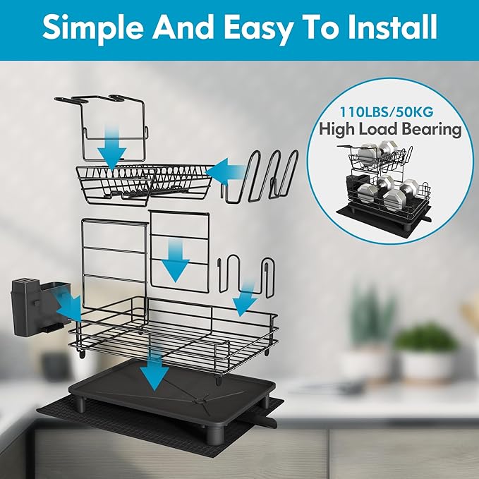 JASIWAY 2 Tier Black Large Stainless Steel Dish Drainers Drying Rack for Kitchen Counter with Drainboard, Rust Proof Metal, Space Saving, Modern Aesthetic, Compact Plates Strainers with Extra Mat