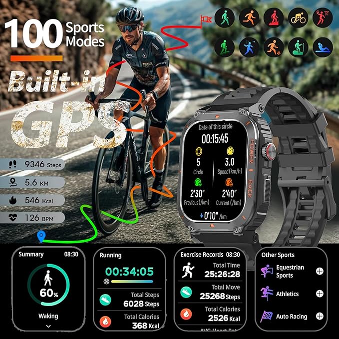 Military GPS Smart Watch for Men Pressure/Altitude/Compass,Fitness Smart Watch for Android Phones and iPhone,Outdoor Waterproof Fitness Tracker with Blood Oxygen/Heart Rate/Sleep/100+ Sport Modes
