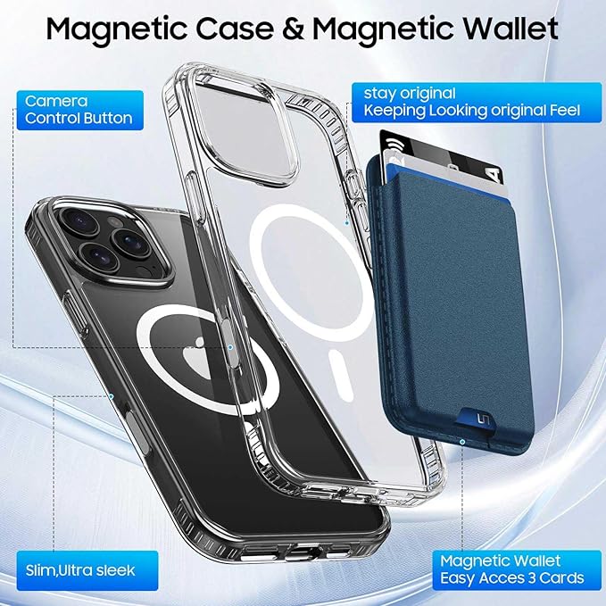 Magnetic for iPhone 16 Pro Max Clear Case with Blue Detachable Wallet, Compatible with MagSafe, Credit Card Holder with Slim Shockproof Protective Phone Cover