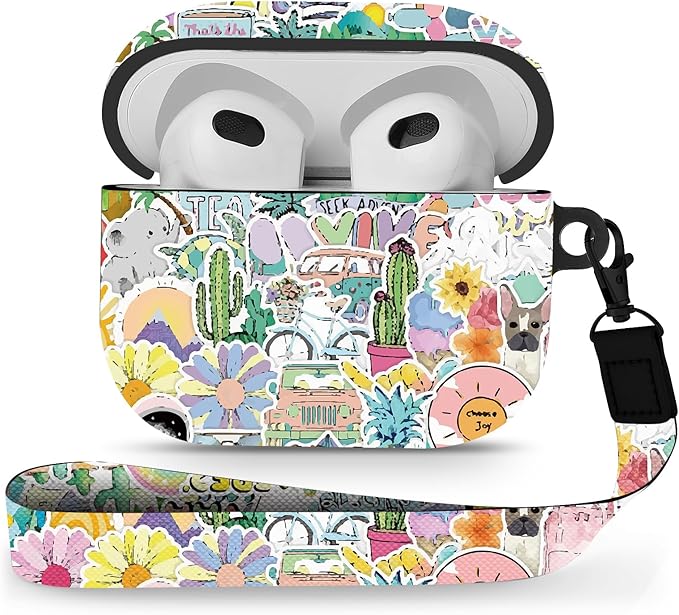 Maxjoy Compatible with AirPods 3rd Generation Case Cover, Cute Flowers Soft Protective for AirPod Gen 3 Charging Case,Cycing Car Cactus Lanyard