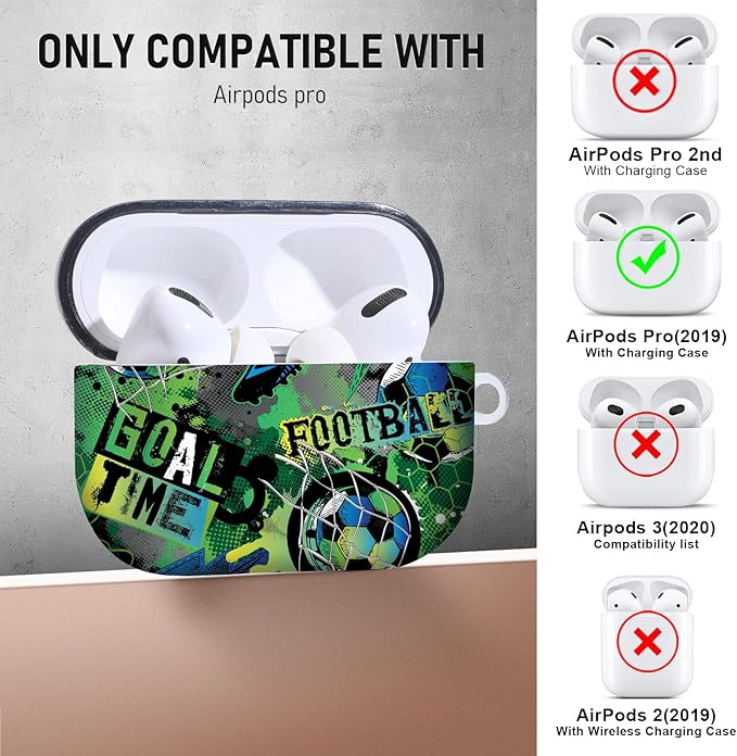 for Airpods Pro Case, Cute Cool Football Pattern TPU Soft Cases for Airpods Pro Case 1st Gen, Shockproof for Airpods Pro 2019 Case Men Women with Cleaner Kit & Keychain, Green