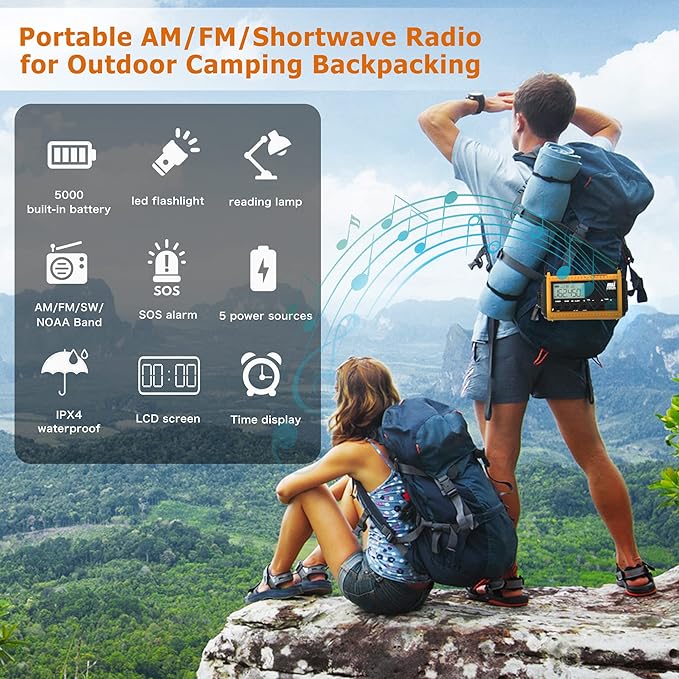 NOAA Emergency Weather Radio - 5000mAh Solar/Hand Crank/Battery AM/FM/SW with USB Charger, LED Flashlight & SOS Alert, Clock, Portable Survival Radio for Power Outage, Hurricanes, Camping