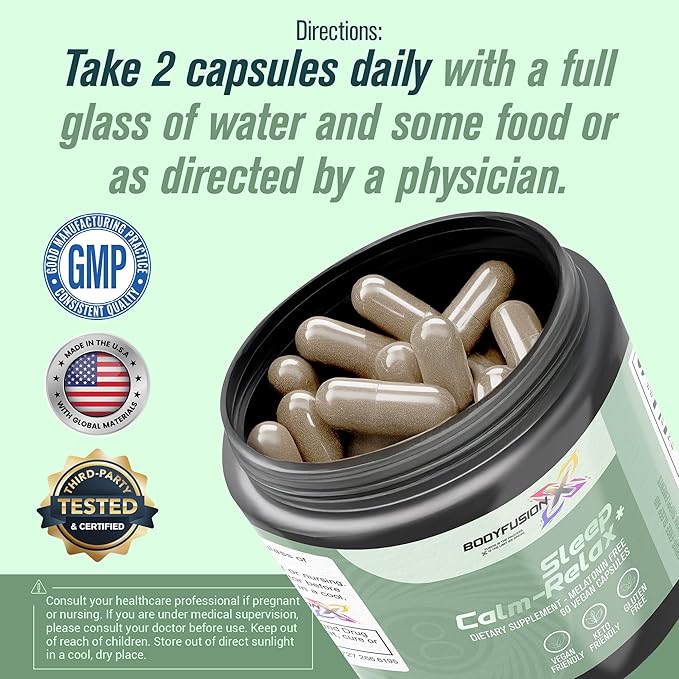 BodyFusionX Sleep Calm-Relax with KSM-66® Ashwagandha & L-Theanine – Natural Sleep Support Supplement, Stress Relief & Post-Workout Recovery – Melatonin-Free, Non-Habit Forming, Vegan Capsules