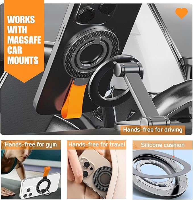 Magnetic Phone Grip with Magnet Stand – 360° Rotatable Finger Ring Holder & Strong Kickstand, Compatible with iPhone 16/15/14/13/12 Series (Hands-Free Viewing) (BlackOrange)