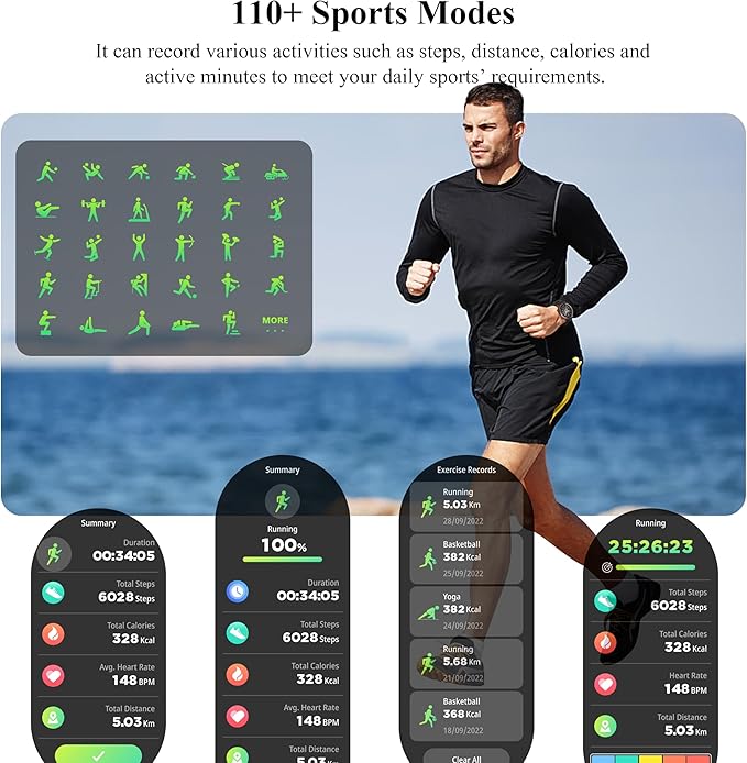Popglory Smart Watch, 1.43''AMOLED 45mm Military Smartwatch Men Women Answer/Make Call, Digital Fitness Watch, 110+ Sports, Blood Pressure, Heart Rate, Stress Monitor Sports Watch for Android or iOS