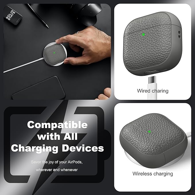 R-fun for Airpods 4 Case, Soft TPU (Leather-Like Design) Drop Protection Cover for Men and Women with Lanyard and Cleaner Kit, Compatible with Apple Latest Airpods 4th Gen(USB-C)(2024)-Grey