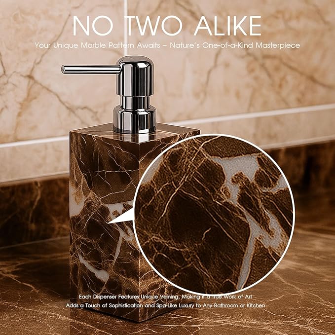 Real Natural Marble Soap Dispenser with Stainless Steel Pump Decorative Liquid Hand Soap Bottle for Kitchen Bathroom, Compatible with Lotion, Dish Soap Shower Gel (Coffee 1 Set)