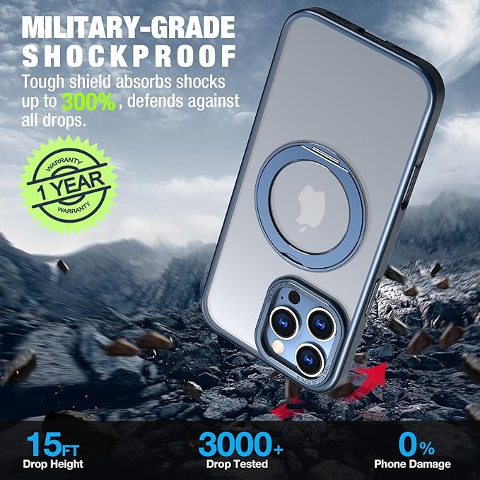 for iPhone 16 Pro Max Case with Screen Protector & Lens Protector [15 FT Military Drop Protection] Magnetic Kickstand Compatible with MagSafe Slim Translucent Case (Navy Blue)