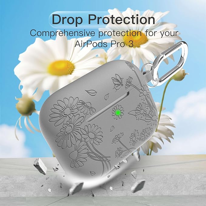 for AirPods Pro 3 Case (2025) DamonLight Daisy Floral Engraved Shockproof Protective Soft Silicone Case Cover with Cleaning Pen and Keychain for Apple Airpods Pro 3rd Generation (Gray)