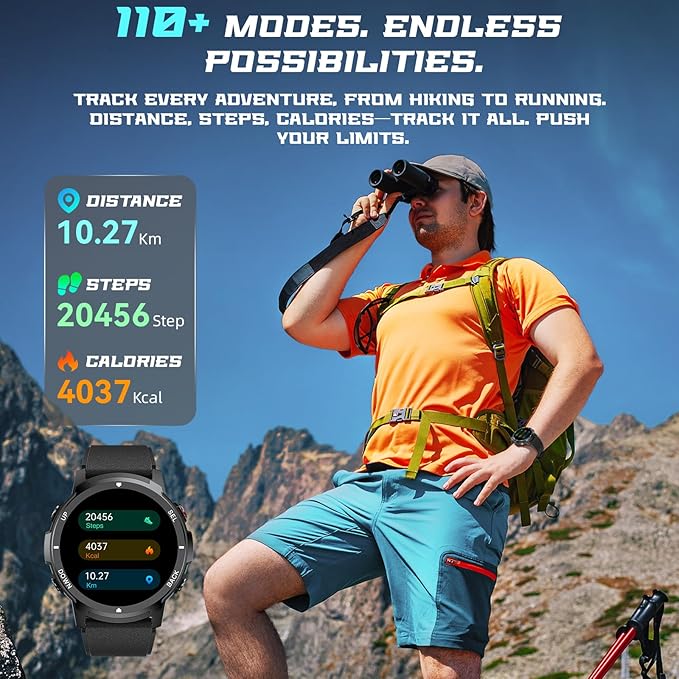 Smart Watch for Men, Work Fitness Watch with Step Tracker, IP68 Waterproof, Bluetooth Call for Android iOS, 24/7 Sleep Monitor, 110 Sports Modes (Casual, Black, 1.39)