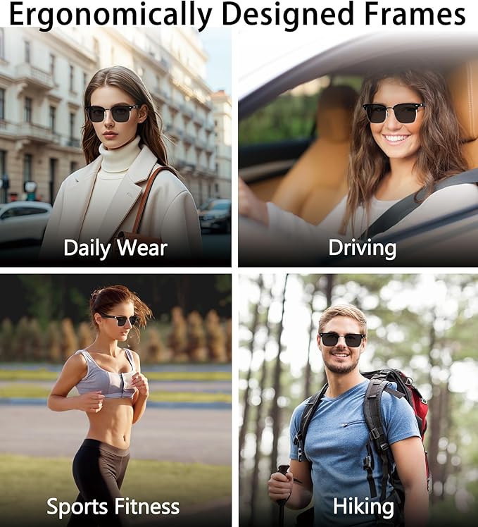 Smart Glasses, Bluetooth 5.4 Sunglasses for Men & Women with Open Ear Speaker, Voice Assistant Compatible, Blue Light Filter & UV Pretection Lenses for Android/iOS, Half Frame Sunglasses, Black