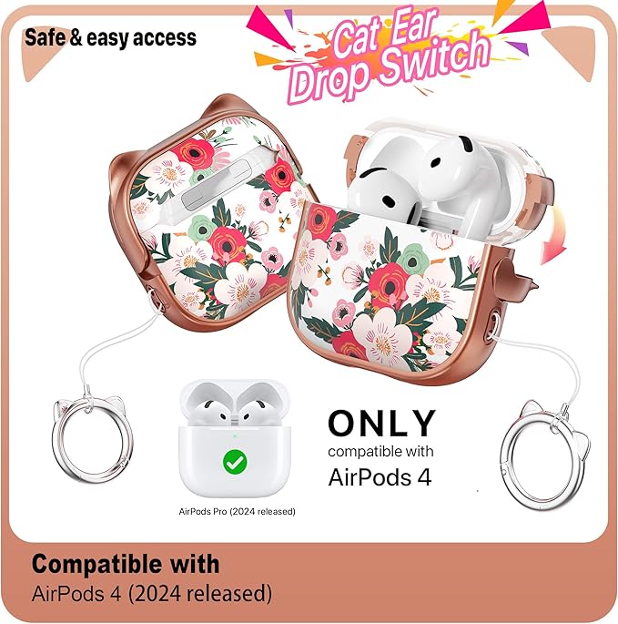 RFUNGUANGO AirPods 4 Case for Women Girly Cat Case with Lock, Phone Stand, Keychain & Cleaner Kit, Compatible with Apple Airpods 4th Generation Case Cover, Rose Gold Flower