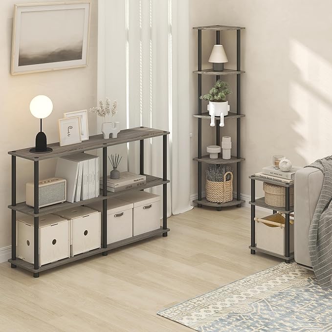 Furinno Turn-N-Tube Corner Shelf, 5-Tier Corner Bookshelf, Open Storage Shelves, for Organization and Storage, Living Room, Home Office, Garage, Bedroom, Grey Oak