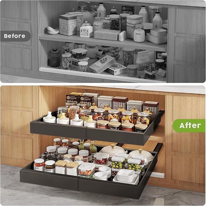 2 Pack Pull Out Cabinet Organizers 21"Deep with Raising Pad for Framed Cabinets,Expandable Slide Out Drawers Upgrade 3 Slide Rails,Roll Out Shelves Adhesive,Adjustable Width 12"-20.45" Black
