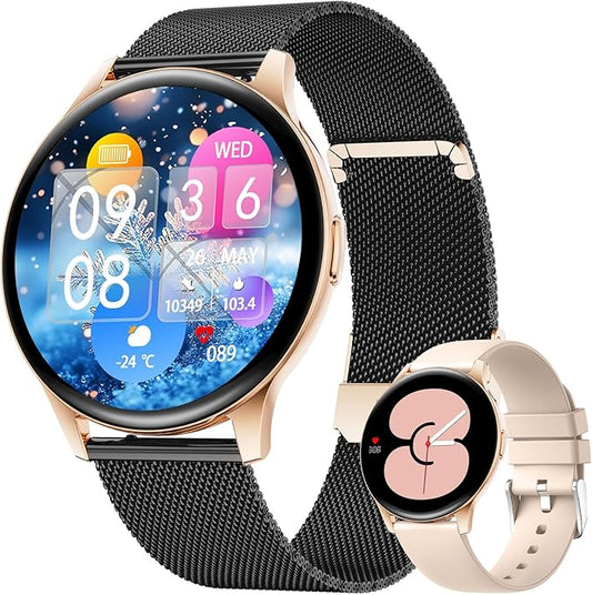 LIGE Smart Watch for Women, 1.43" AMOLED Screen Smartwatch with Answer/Make Call for iPhone/Android/Samsung,Fitness Tracker with 120+ Sport Modes,Health Monitor, IP68 Waterproof,2 Bands,Black Gold