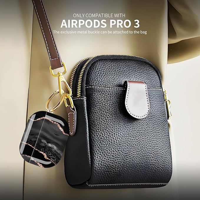 Compatible with AirPod Pro 3 (2025),Cute Case Cover for Women & Men, Full Protection Shockproof Hard Case with Keychain, Wireless Charging Case Accessories(Black Rose Gold Marble)