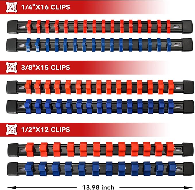 ALOANES 6PC ABS Socket Organizer, Socket Rails Fit 1/2 inch, 3/8 inch and 1/4 inch Drive, Heavy Duty Socket Holders Hold up to 86 Sockets, Black Rails with Red Blue Black Clips