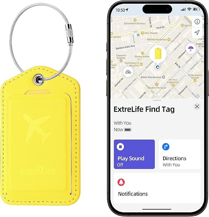 Luggage Tags, Works with Apple Find My, Leather Luggage Tag for Suitcases, Travel Tags, Bag Tag, Suitcase Tag with Privacy Flap, Anti-Lost Smart Luggage Tracker, Travel Essentials, Yellow