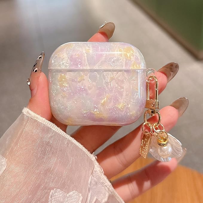 for AirPod 4 Case Cute Shell Pearl Ocean Design for Women Girls TPU Protective Cover with Keychain Compatible for AirPods 4th Generation (Colored Shell)