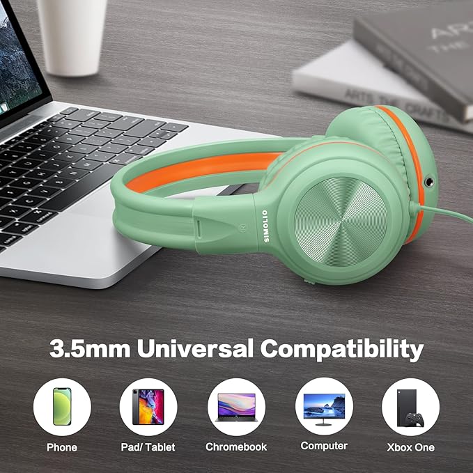 SIMOLIO Kids Wired Headphones with Microphone and 3-Level Volume Control, Stereo Corded Headphone Girls, Boys, On-Ear 3.5mm PC Headset Teens for Cellphones Tablets Chromebook Laptop Computer (Green)