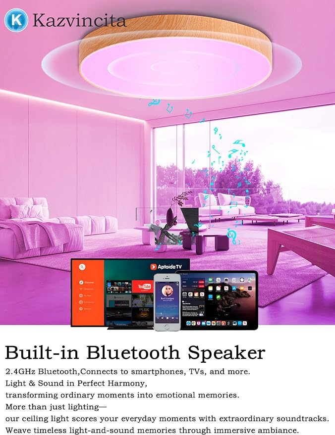 BT-Version LED Ceiling Light with Speaker 40W 13Inch Music Ceiling Lamp with Remote Control Adjustable Brightness & Color Temperature RGB Ambient Lighting for Kids Room Bedroom and More