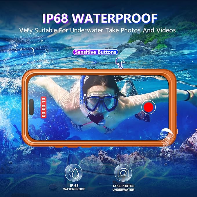Temdan Compatible with iPhone 17 Pro Case,Waterproof Built-in Screen & Camera Protector IP68 Underwater Full Body 17FT Military Dropproof Shockproof Phone Case 6.3"-Orange/Clear